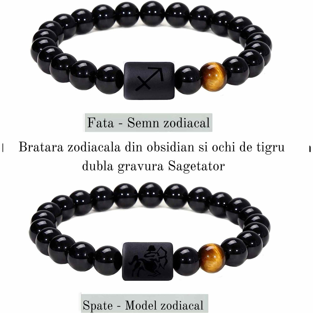 Bratara zodie Berbec din pietre naturale 8mm Obsidian si Ochi de Tigru pentru barbati cu cele 12 constelatii - Include dubla gravura cu semn zodiacala specifica