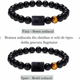 Bratara zodie Berbec din pietre naturale 8mm Obsidian si Ochi de Tigru pentru barbati cu cele 12 constelatii - Include dubla gravura cu semn zodiacala specifica