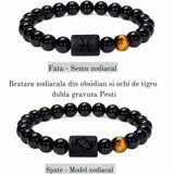 Bratara zodie Berbec din pietre naturale 8mm Obsidian si Ochi de Tigru pentru barbati cu cele 12 constelatii - Include dubla gravura cu semn zodiacala specifica