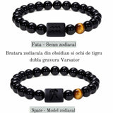 Bratara zodie Berbec din pietre naturale 8mm Obsidian si Ochi de Tigru pentru barbati cu cele 12 constelatii - Include dubla gravura cu semn zodiacala specifica