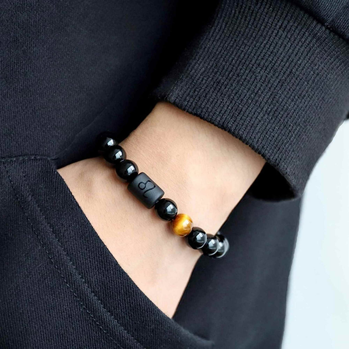 Bratara zodie Berbec din pietre naturale 8mm Obsidian si Ochi de Tigru pentru barbati cu cele 12 constelatii - Include dubla gravura cu semn zodiacala specifica