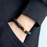 Bratara zodie Berbec din pietre naturale 8mm Obsidian si Ochi de Tigru pentru barbati cu cele 12 constelatii - Include dubla gravura cu semn zodiacala specifica