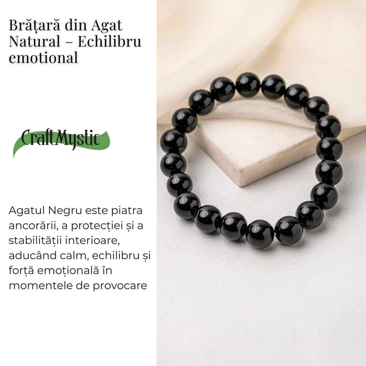 Bratara din Agat Negru Natural cu Margele Rotunde - Echilibru, Protectie si Ancorare