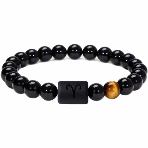 Bratara zodie Berbec din pietre naturale 8mm Obsidian si Ochi de Tigru pentru barbati cu cele 12 constelatii - Include dubla gravura cu semn zodiacala specifica