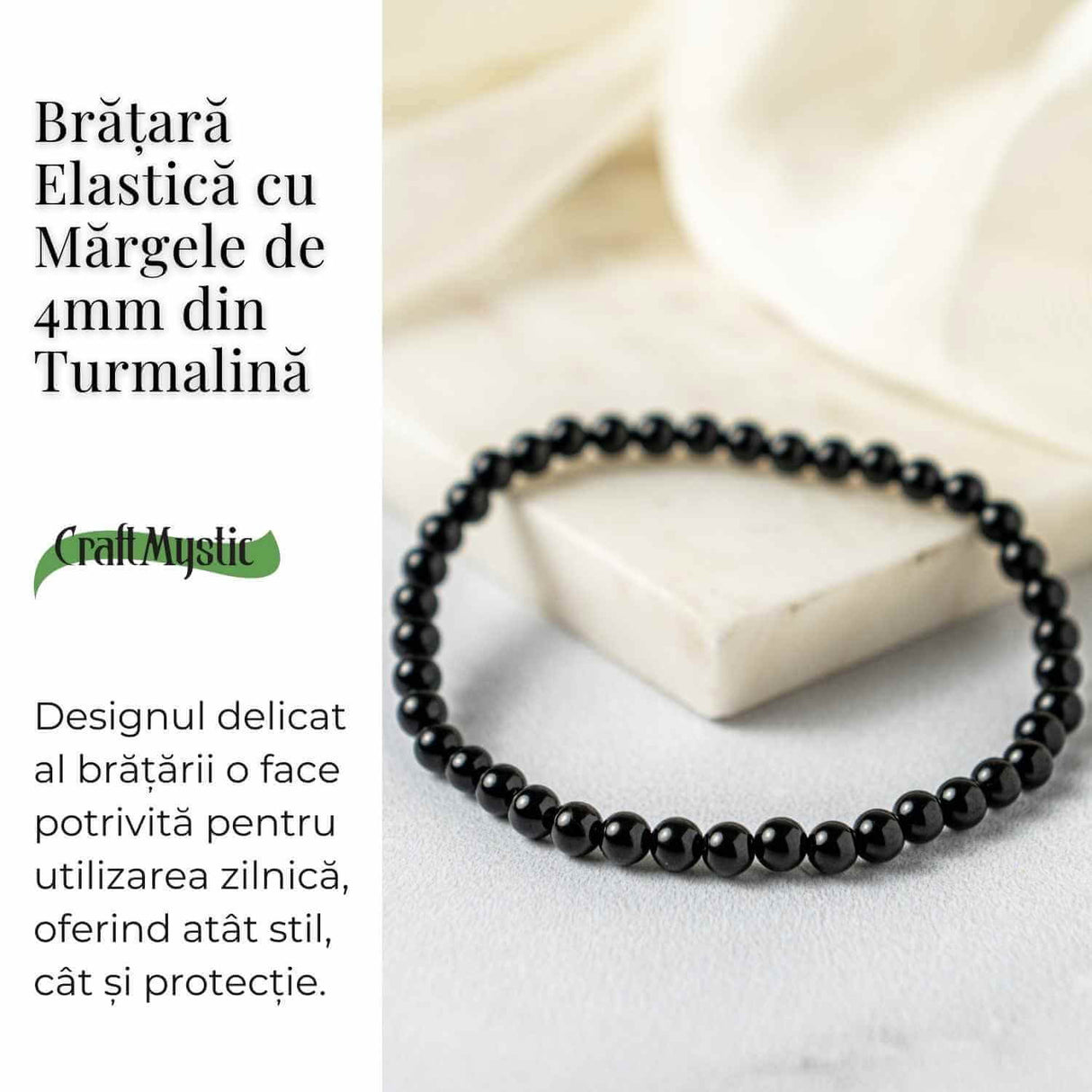 Bratara Elastica cu Margele 4mm din Turmalina Neagra - Protectie Energetica si impamantare