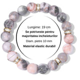 Bratara elastica cu pietre semipretioase zebra stone roz de 10 si 5 mm cu margele aurii si strasuri