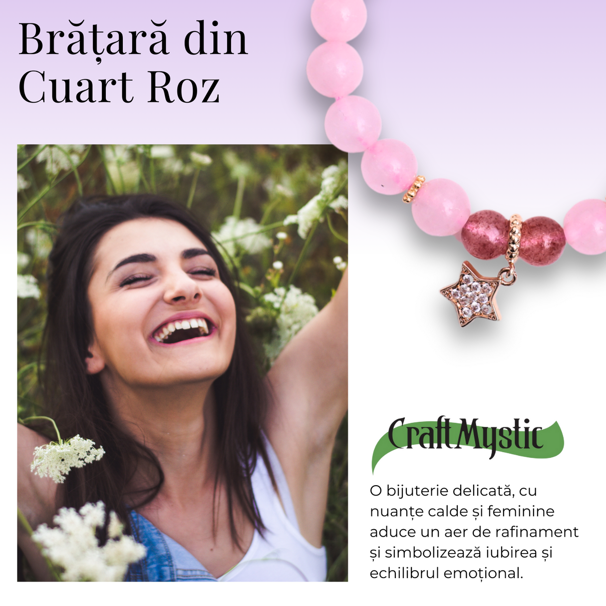 Bratara Elastica cu Margele din Cuart Roz de 8 mm si Pandantiv Sfera