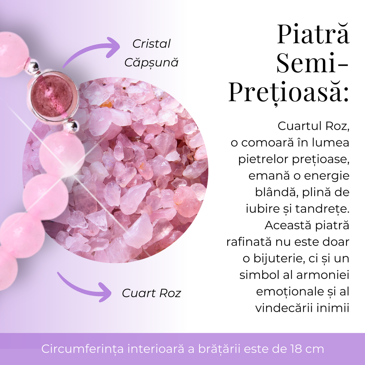Bratara Elastica cu Margele din Cuart Roz de 8 mm si Pandantiv Sfera