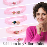 Bratara Elastica cu Margele din Cuart Roz de 8 mm, Pandantiv Sferic si Inimioara