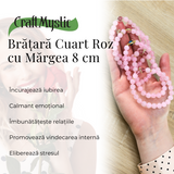 Bratara Elastica cu Margele din Cuart Roz de 8 mm, Pandantiv Sferic si Inimioara
