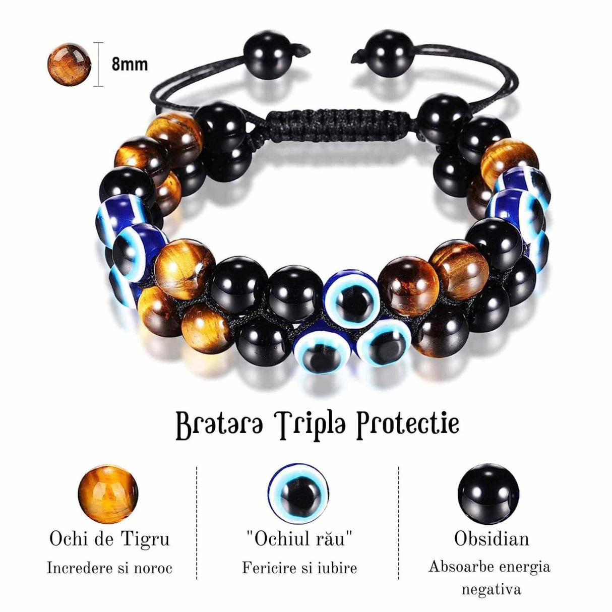 Bratara cu tripla protectie din pietre naturale 8mm Ochi de tigru natural, Obsidian negru si \\"Ochiul rau\\" - Pentru noroc si prosperitate, fericire