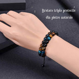 Bratara energetica cu tripla protectie, realizata din pietre semipretioase Obsidian, Ochi de tigru galben si Ochi de tigru albastru de 8 mm - bratara pentru noroc, protectie, stare de bine