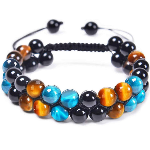Bratara energetica cu tripla protectie, realizata din pietre semipretioase Obsidian, Ochi de tigru galben si Ochi de tigru albastru de 8 mm - bratara pentru noroc, protectie, stare de bine