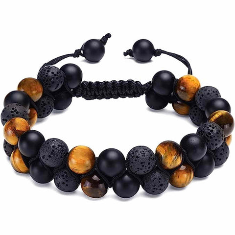 Triple Protection Bracelet Tiger Eye, Matte Black Onyx and Volcanic Rock - 8mm Beads, Handmade for Men and Women, Brings Good Luck, Prosperity and Happiness