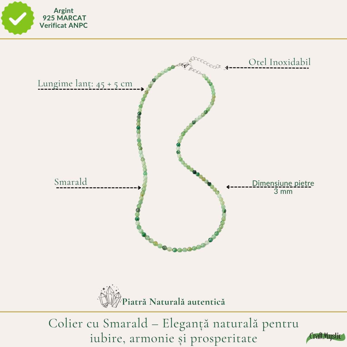 Colier Fin la Baza Gatului Tip Choker cu Smarald Fatetat 3 mm – Prosperitate si Eleganta Naturala