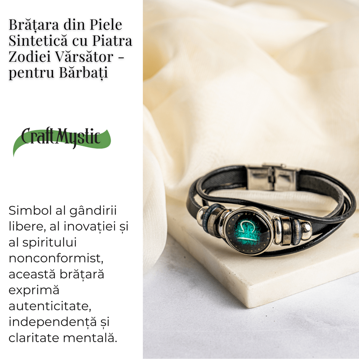 Bratara Fixa zodia Berbec din Piele Sintetica cu Cabochon Rotund - Semn Zodiacal Personalizat pentru Stil si Conexiune Astrologica