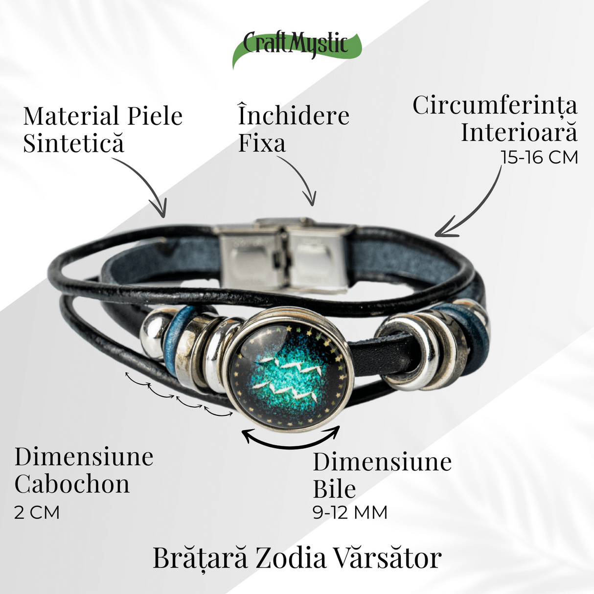 Bratara Fixa zodia Berbec din Piele Sintetica cu Cabochon Rotund - Semn Zodiacal Personalizat pentru Stil si Conexiune Astrologica