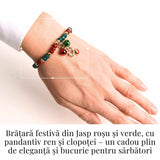 Bratara naturala Jasp rosu si verde fatetat cu accesoriu ren si clopotei - energie si eleganta