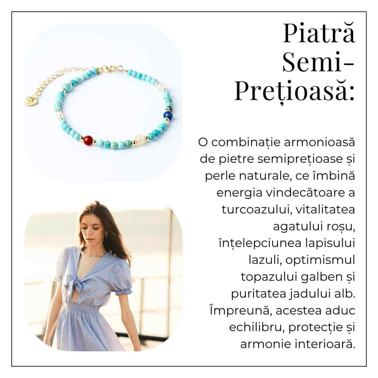 Bratara Multigem - Turcoaz, Agat Rosu, Lapis Lazuli, Jad Alb, Topaz Galben si Perla Naturala - Energie Pozitiva si Armonie