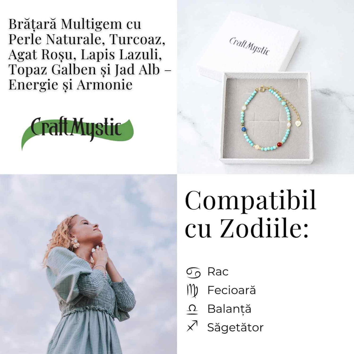 Bratara Multigem - Turcoaz, Agat Rosu, Lapis Lazuli, Jad Alb, Topaz Galben si Perla Naturala - Energie Pozitiva si Armonie