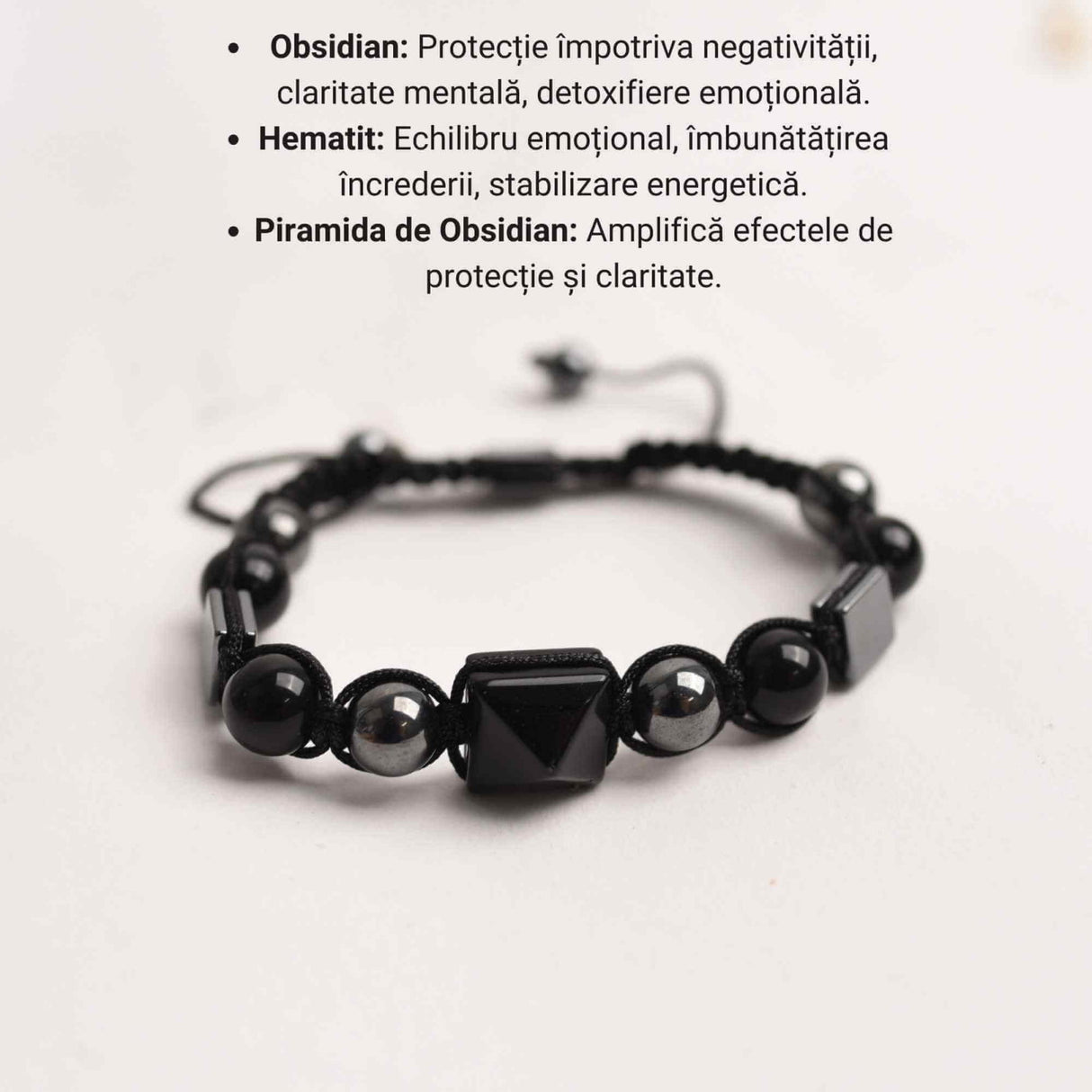 Bratara Ajustabila Impletita cu Margele de 8mm si Piramida din Obsidian si Hematit - Cadou cu Semnificatie