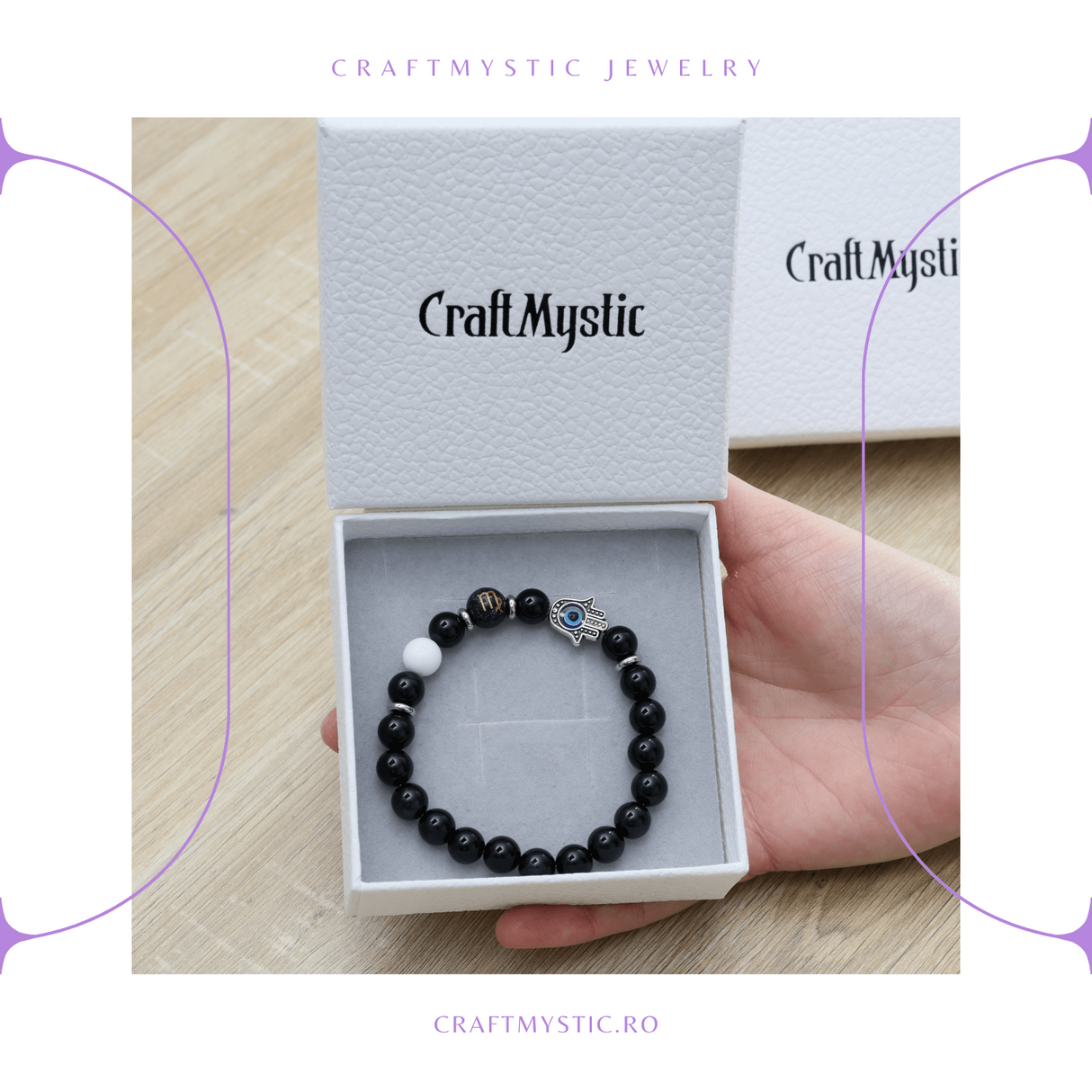 Bratara pentru Zodii cu Margele de Obsidian, Pandantiv Mana Fatimei si Ochiul "Rau"