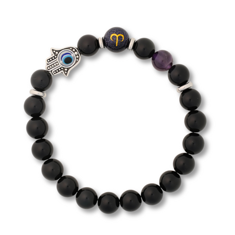 Zodiac Bracelet with Obsidian Beads, Fatima Hand, and Evil Eye Pendant