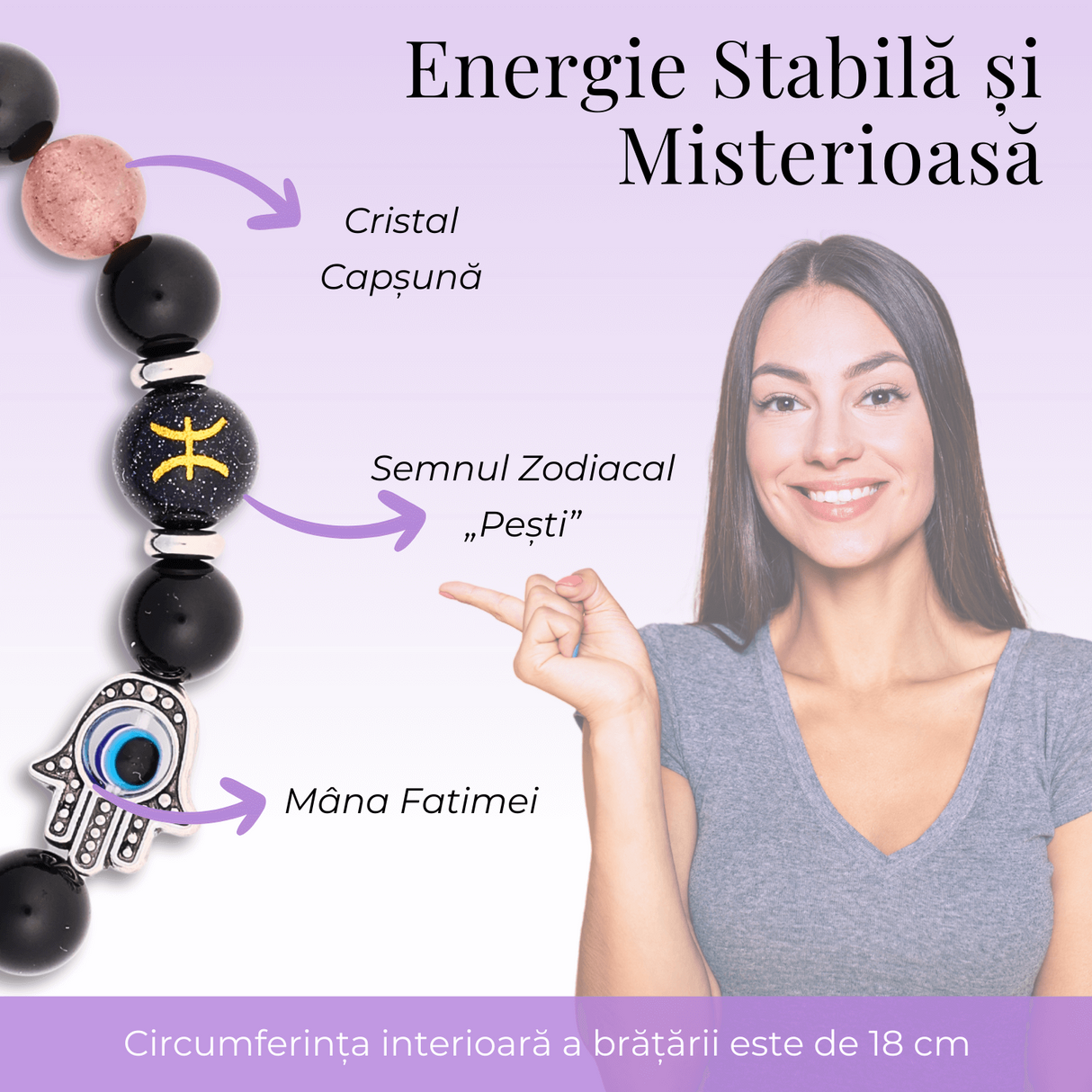 Bratara pentru Zodii cu Margele de Obsidian, Pandantiv Mana Fatimei si Ochiul "Rau"