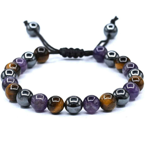 Bracelet made of 8mm gemstone beads of Hematite, Tiger's Eye, and Amethyst - Can help you quit smoking