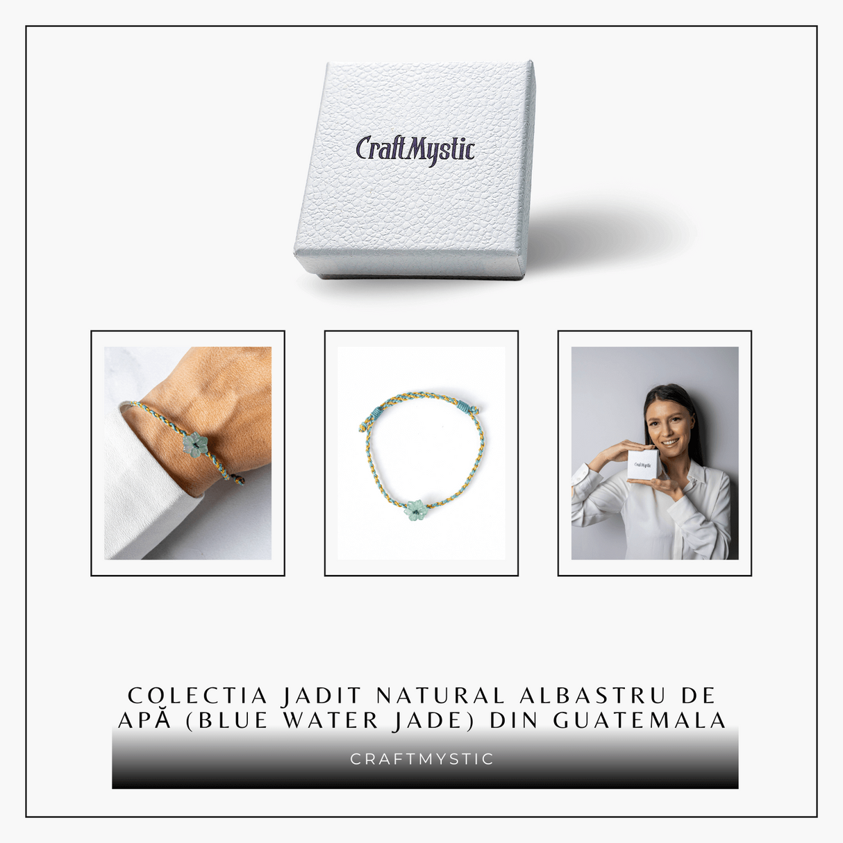 Bratara snur ajustabila cu orhidee sculptata din jadit albastru de apa natural Guatemala