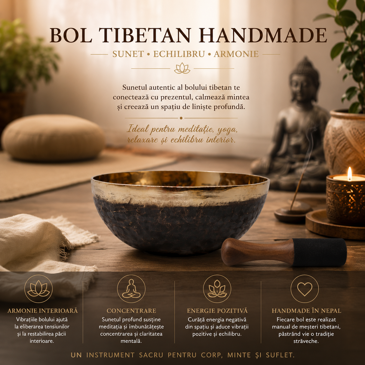 Bol Tibetan Handmade din Cupru 20.5 cm – Relaxare, Armonie si Meditație