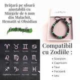 Bratara Tripla Protectie cu Cristale 6 mm de Malachit, Obsidian Negru si Hematit - Echilibru si Forta