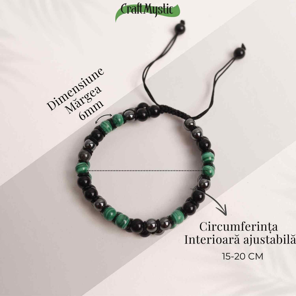 Bratara Tripla Protectie cu Cristale 6 mm de Malachit, Obsidian Negru si Hematit - Echilibru si Forta