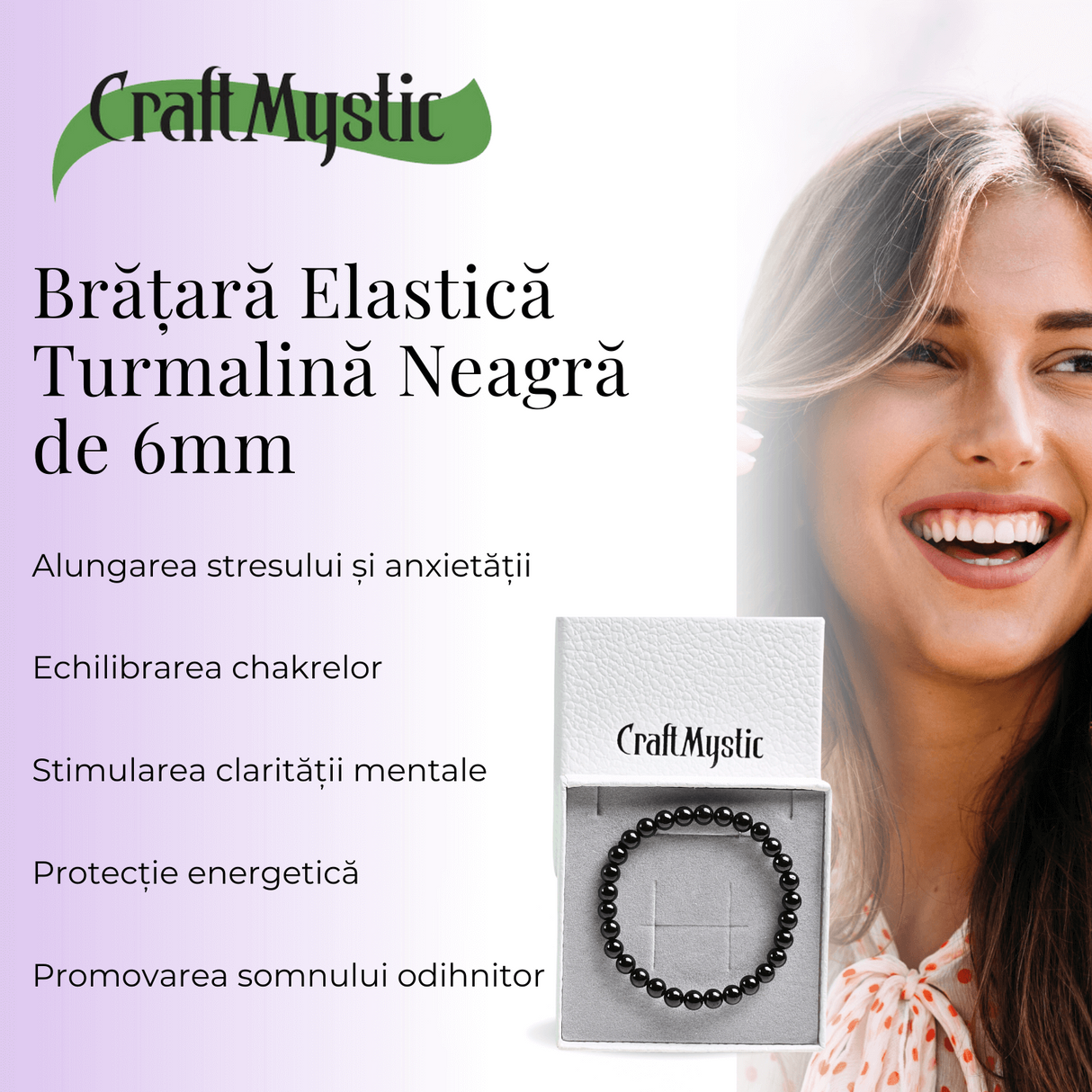 Bratara Elastica cu Margele de Turmalina Neagra de 6mm - Talisman Protector si Stilat