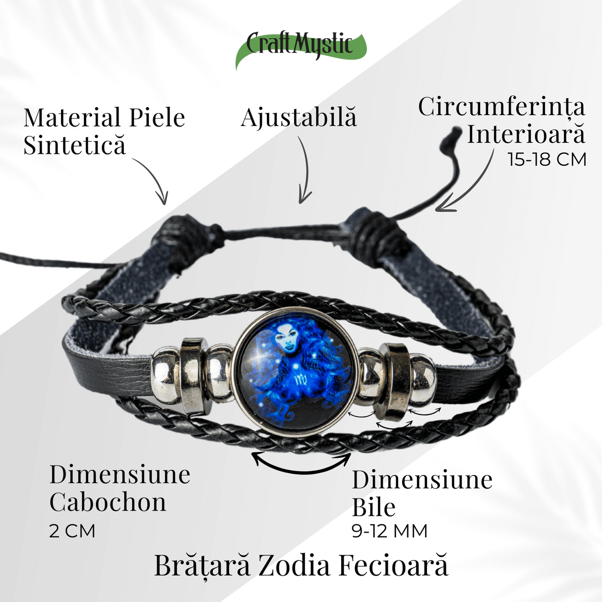 Bratara Zodia Berbec ajustabila din Piele Sintetica cu Cabochon Rotund - Simbol Astrologic Personalizat pentru Energie si Identitate Astrala