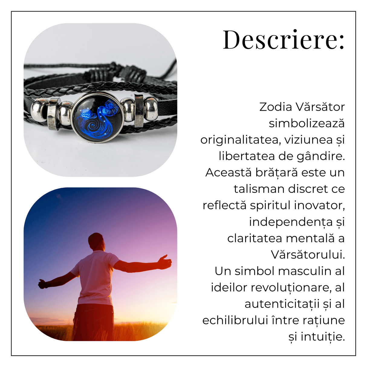 Bratara Zodia Berbec ajustabila din Piele Sintetica cu Cabochon Rotund - Simbol Astrologic Personalizat pentru Energie si Identitate Astrala