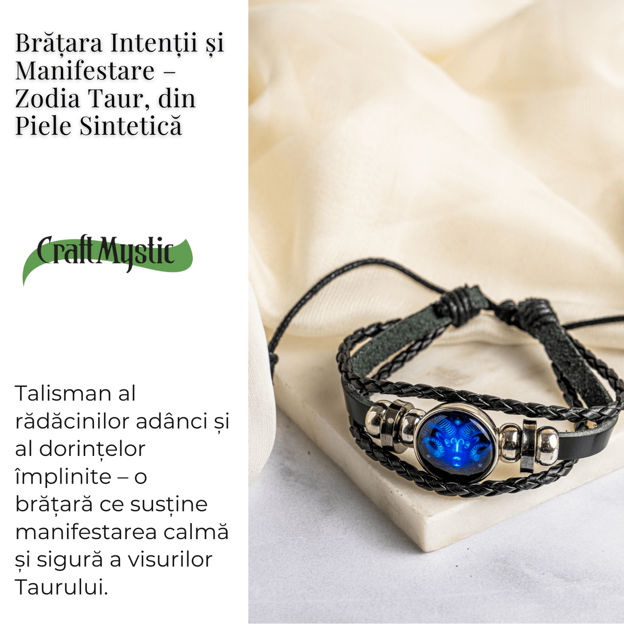 Bratara Zodia Berbec ajustabila din Piele Sintetica cu Cabochon Rotund - Simbol Astrologic Personalizat pentru Energie si Identitate Astrala