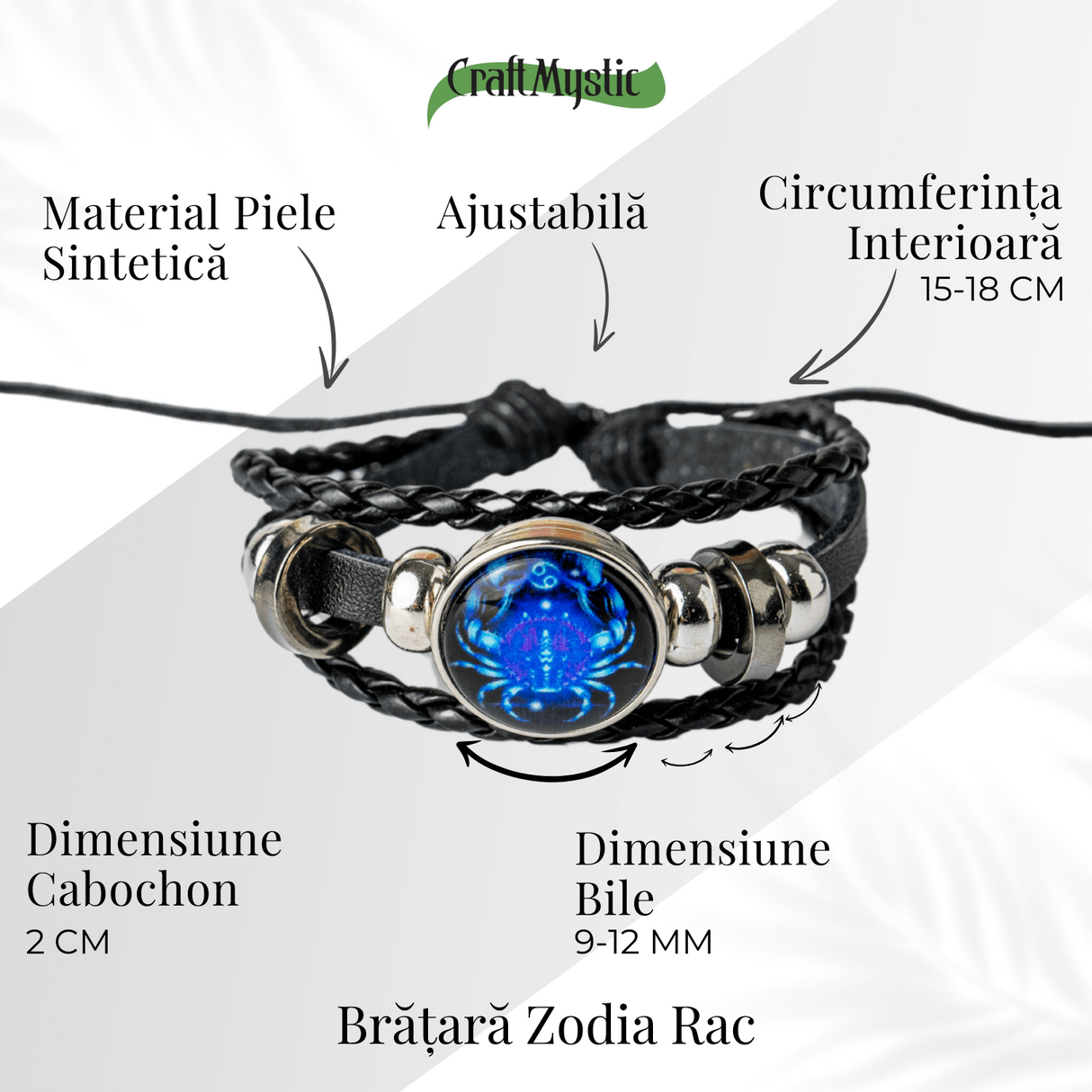 Bratara Zodia Berbec ajustabila din Piele Sintetica cu Cabochon Rotund - Simbol Astrologic Personalizat pentru Energie si Identitate Astrala