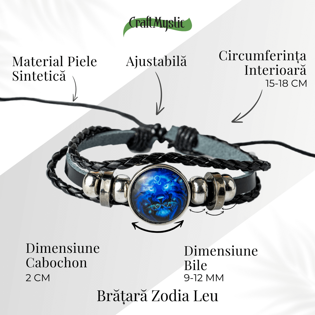 Bratara Zodia Berbec ajustabila din Piele Sintetica cu Cabochon Rotund - Simbol Astrologic Personalizat pentru Energie si Identitate Astrala