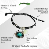 Bratara Zodiacala Ajustabila din Sfoara Cerata si Piele Sintetica - Cabochon Rotund cu Semn Zodiacal si Bila Fosforescenta