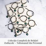 Bratara Zodiacala Ajustabila din Sfoara Cerata si Piele Sintetica - Cabochon Rotund cu Semn Zodiacal si Bila Fosforescenta