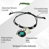 Bratara Zodiacala Ajustabila din Sfoara Cerata si Piele Sintetica - Cabochon Rotund cu Semn Zodiacal si Bila Fosforescenta