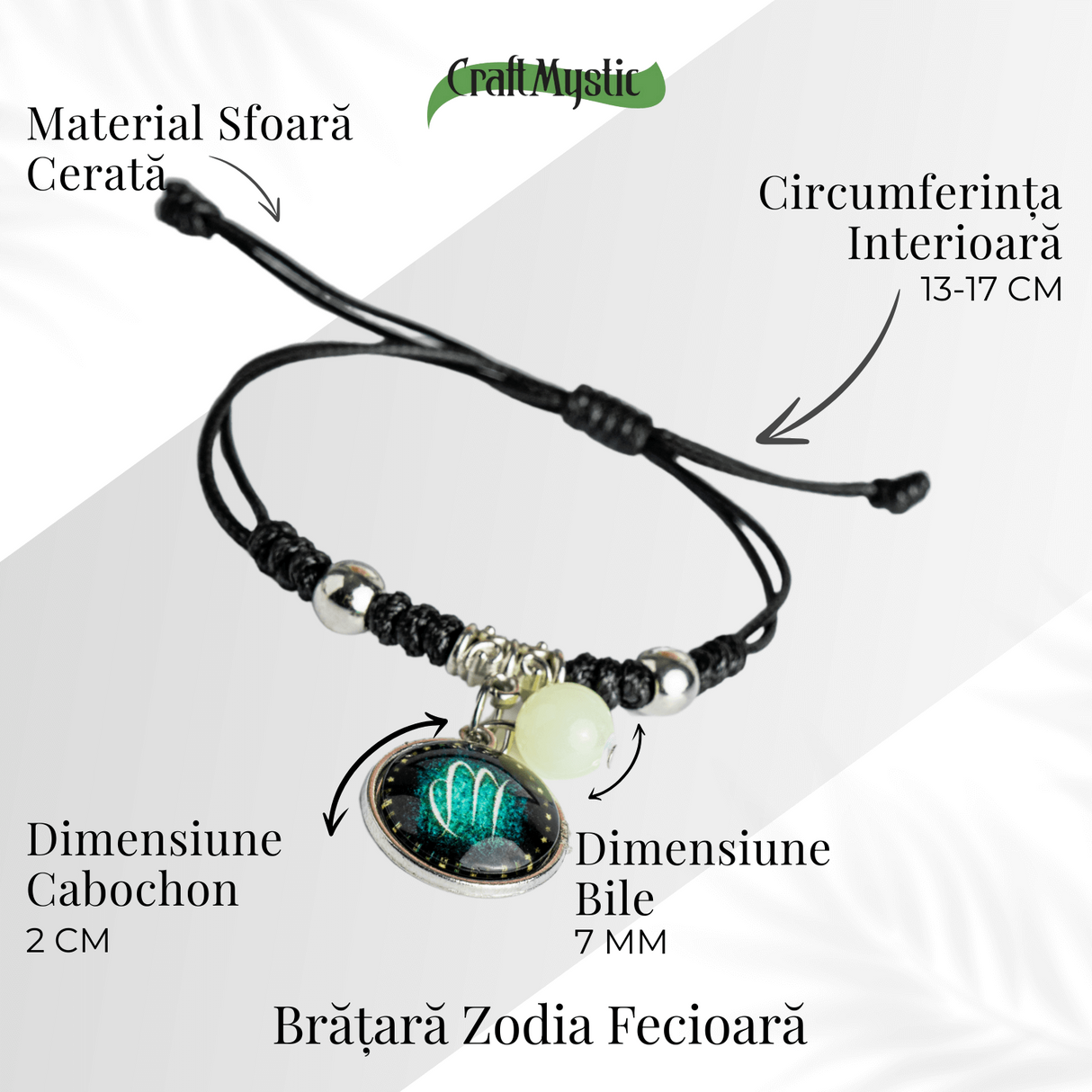 Bratara Zodiacala Ajustabila din Sfoara Cerata si Piele Sintetica - Cabochon Rotund cu Semn Zodiacal si Bila Fosforescenta
