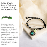 Bratara Zodiacala Ajustabila din Sfoara Cerata si Piele Sintetica - Cabochon Rotund cu Semn Zodiacal si Bila Fosforescenta