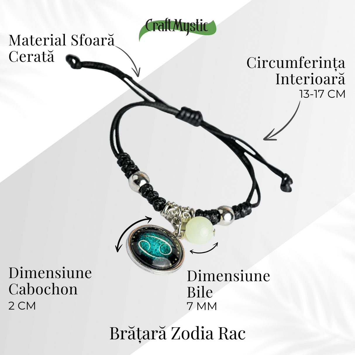 Bratara Zodiacala Ajustabila din Sfoara Cerata si Piele Sintetica - Cabochon Rotund cu Semn Zodiacal si Bila Fosforescenta