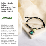 Bratara Zodiacala Ajustabila din Sfoara Cerata si Piele Sintetica - Cabochon Rotund cu Semn Zodiacal si Bila Fosforescenta