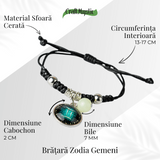 Bratara Zodiacala Ajustabila din Sfoara Cerata si Piele Sintetica - Cabochon Rotund cu Semn Zodiacal si Bila Fosforescenta