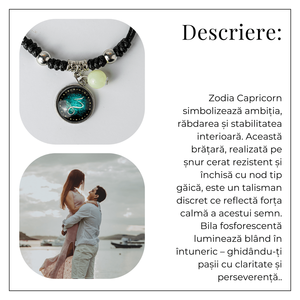 Bratara Zodiacala Ajustabila din Sfoara Cerata si Piele Sintetica - Cabochon Rotund cu Semn Zodiacal si Bila Fosforescenta