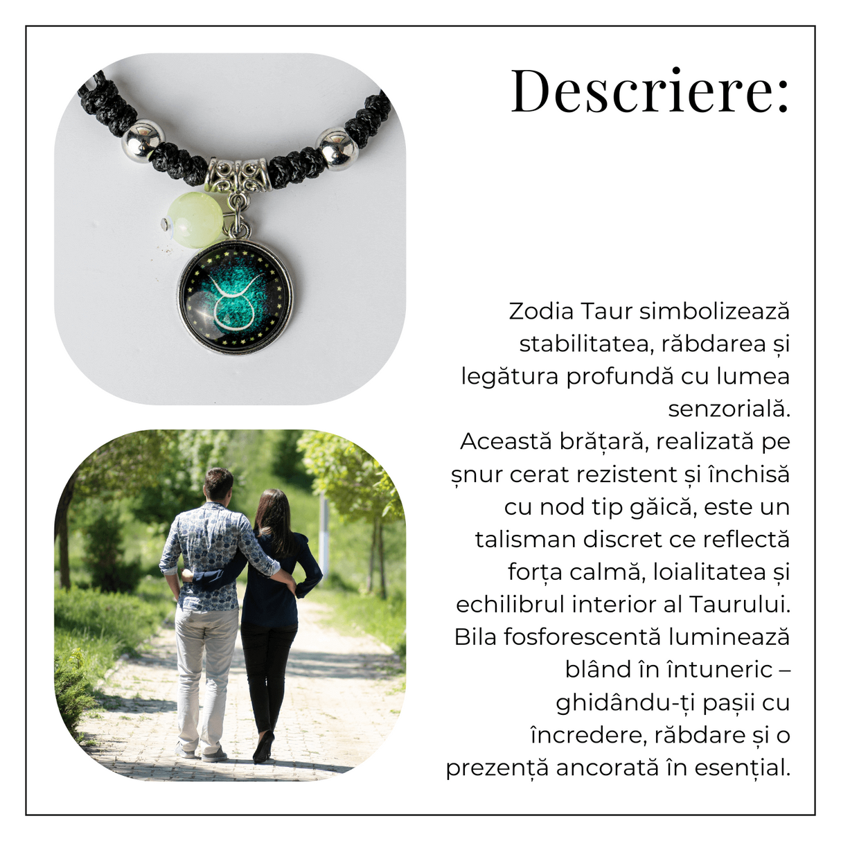 Bratara Zodiacala Ajustabila din Sfoara Cerata si Piele Sintetica - Cabochon Rotund cu Semn Zodiacal si Bila Fosforescenta