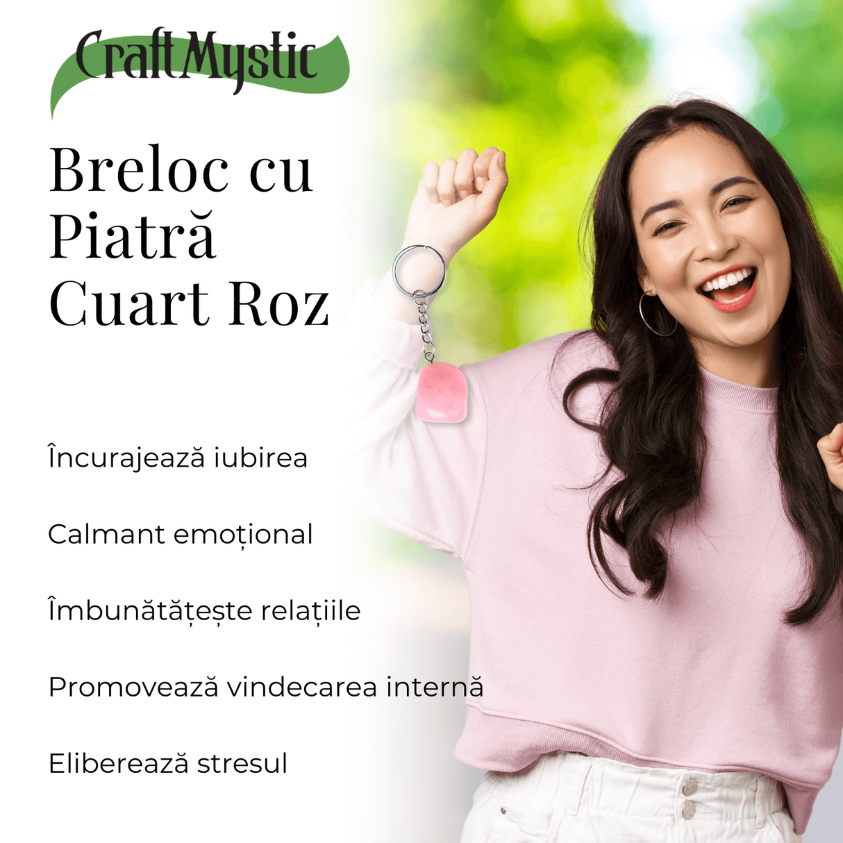 Breloc cu piatra semipretioase de Cuart Roz in forma neregulata 3cm
